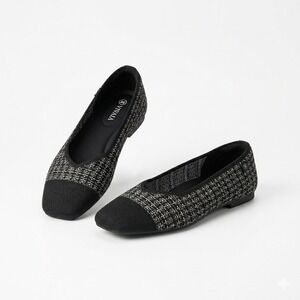 Vivaia Ballet Flats Mary Jane Square Toe Tweed Black Silver Cap Toe Shoes 38.5